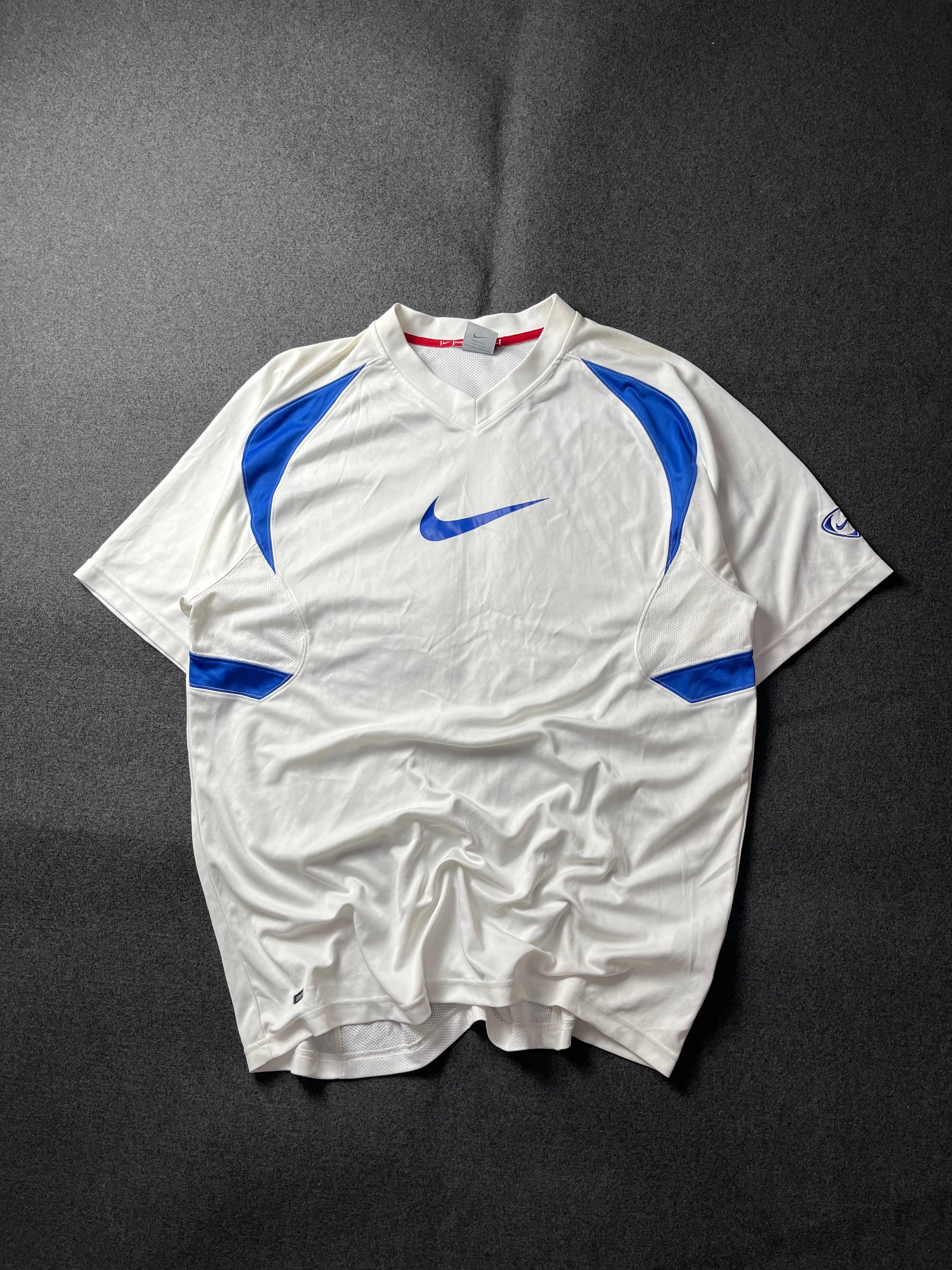 Nike Dri-FIT Game Shirt, White Blue, Big Swoosh