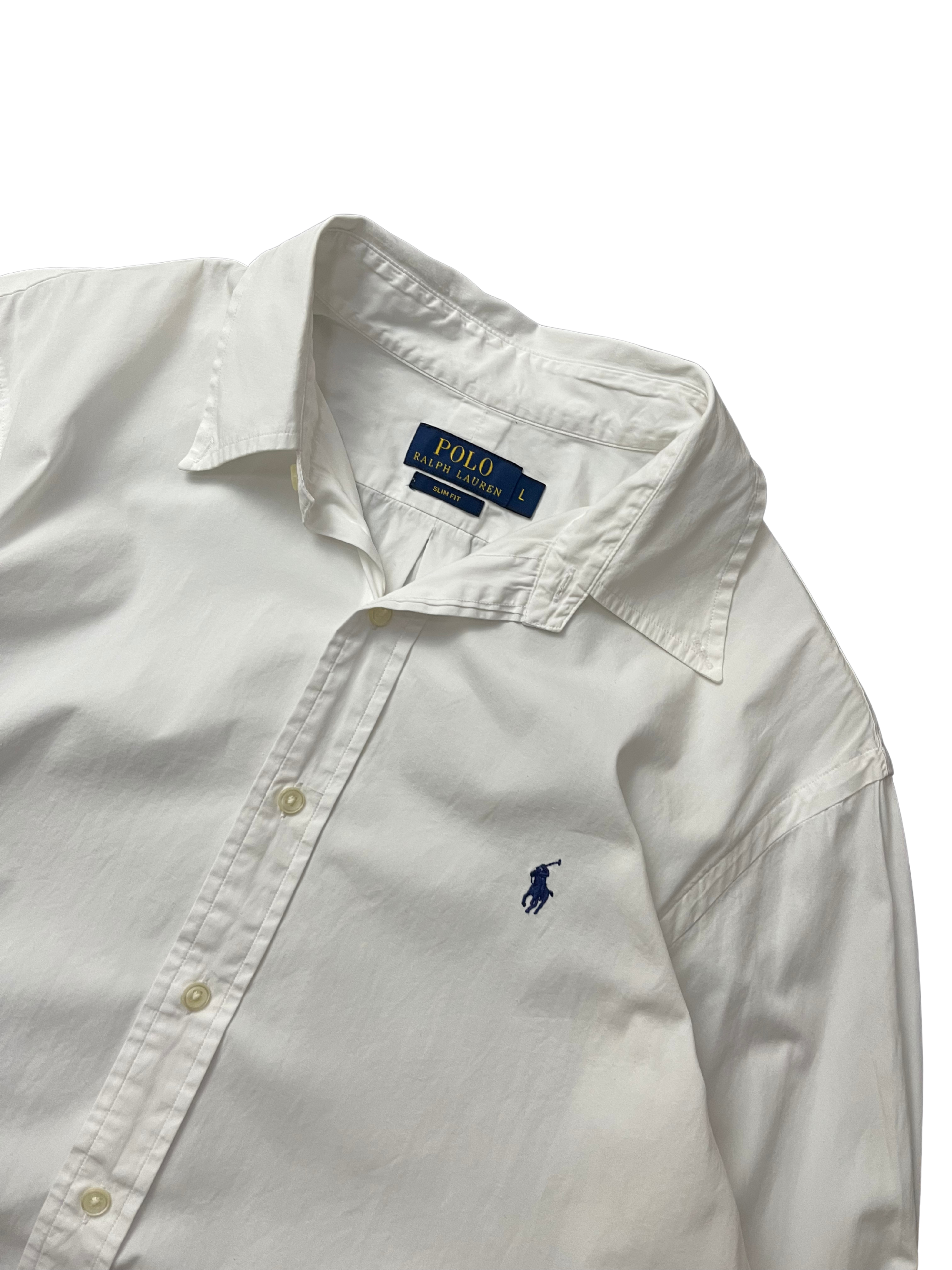 Polo Ralph Lauren long-sleeve button-down shirt in white cotton with a blue embroidered Polo Pony logo