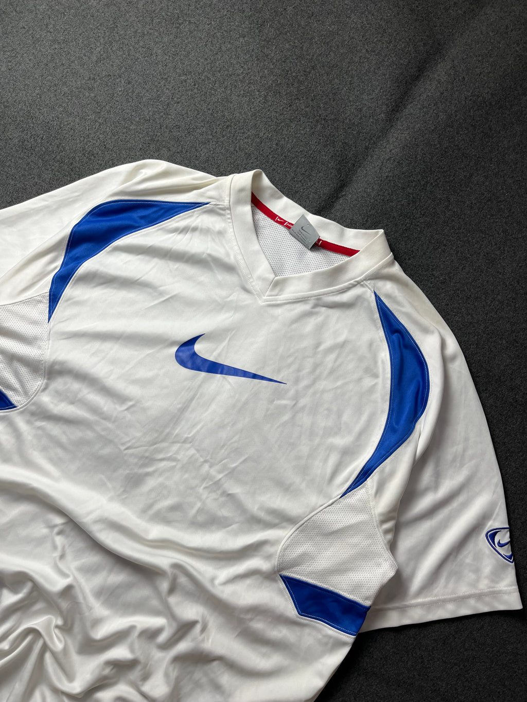 Nike Dri-FIT Game Shirt, White Blue, Big Swoosh