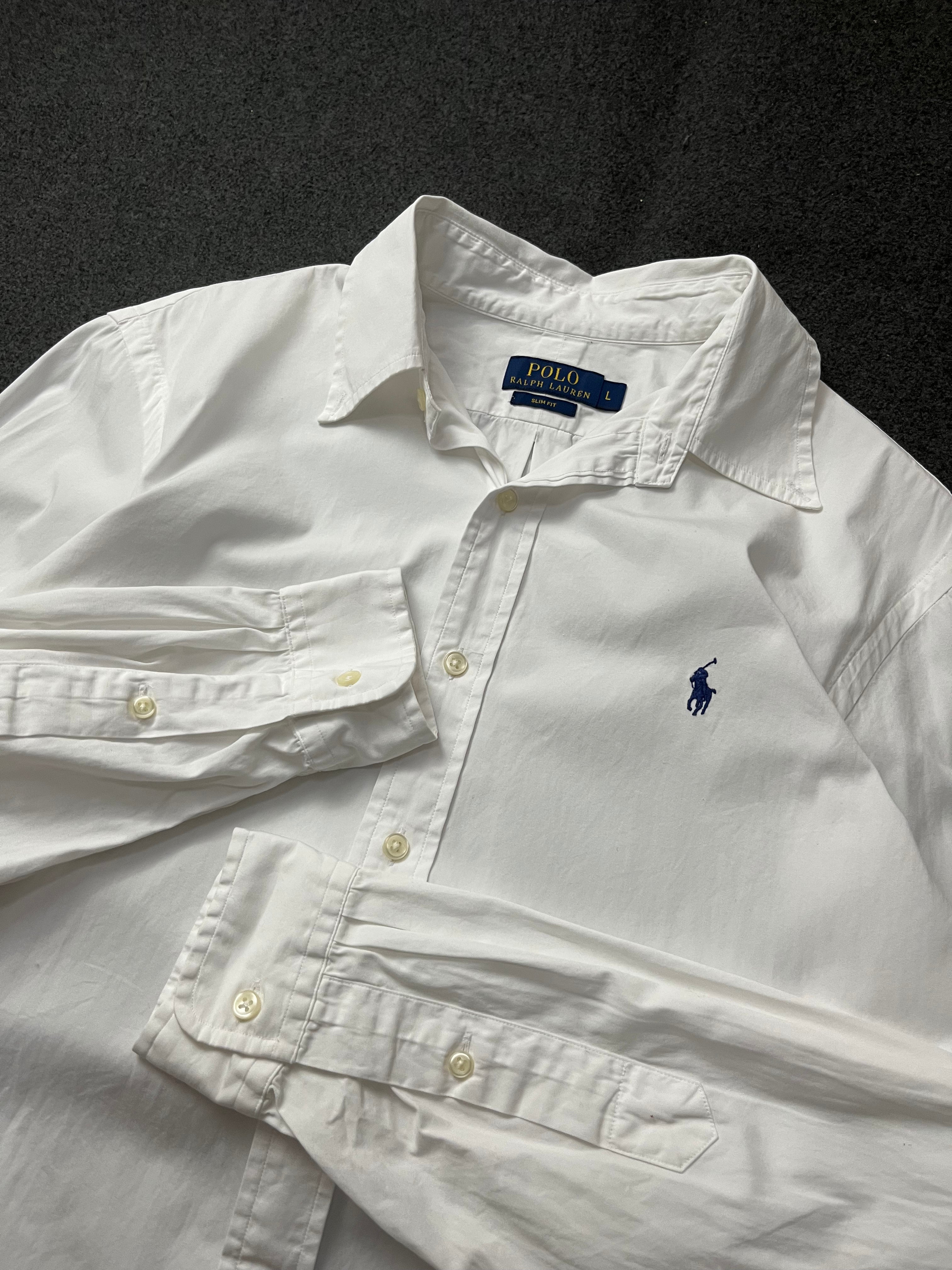Polo Ralph Lauren long-sleeve button-down shirt in white cotton with a blue embroidered Polo Pony logo