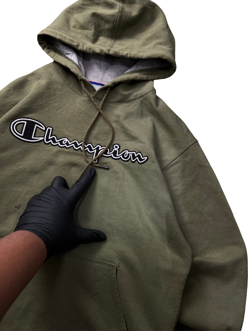 Champion Mens Powerblend Pullover Hoodie Chainstitch Cargo Olive