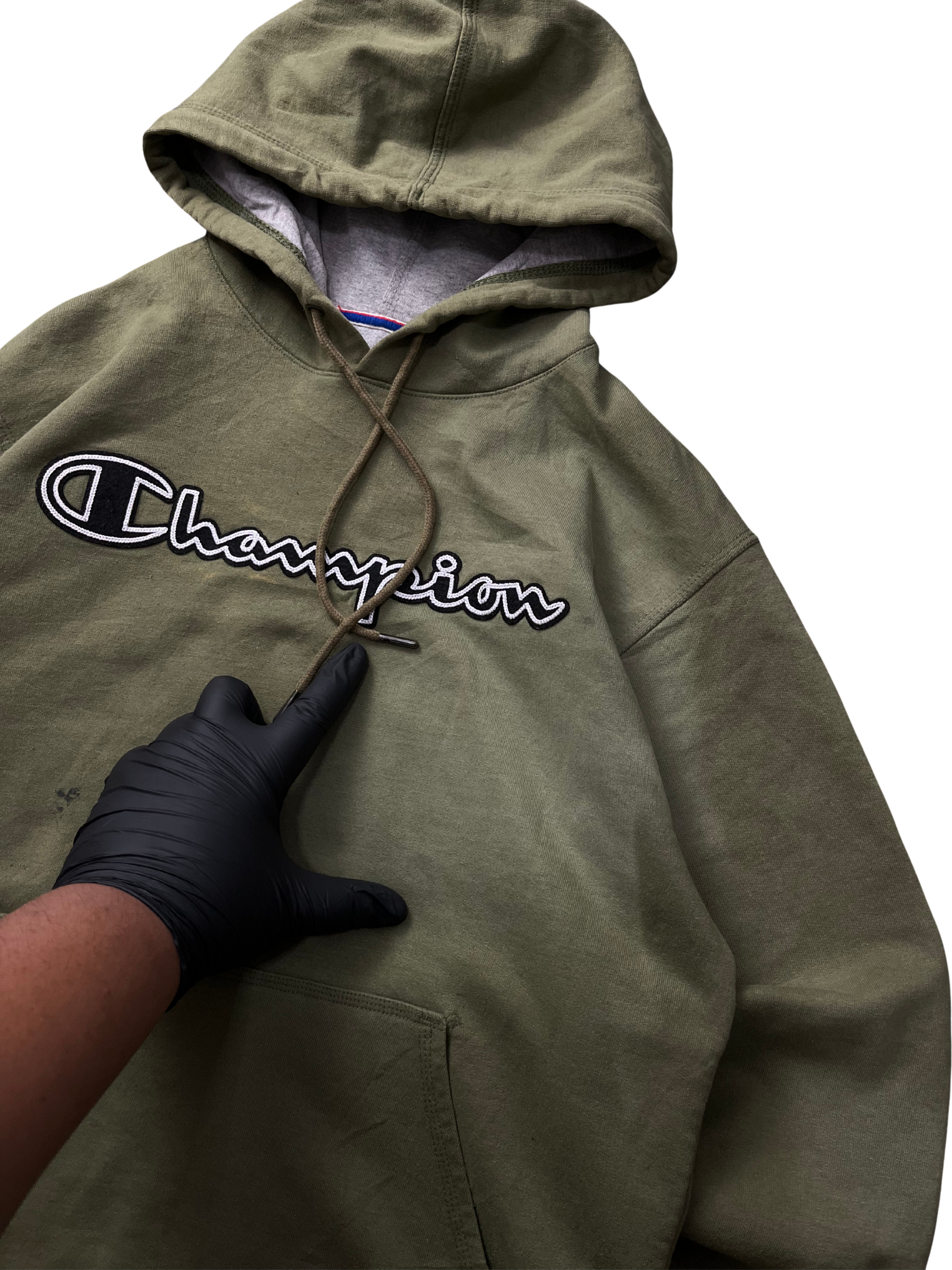 Champion Mens Powerblend Pullover Hoodie Chainstitch Cargo Olive