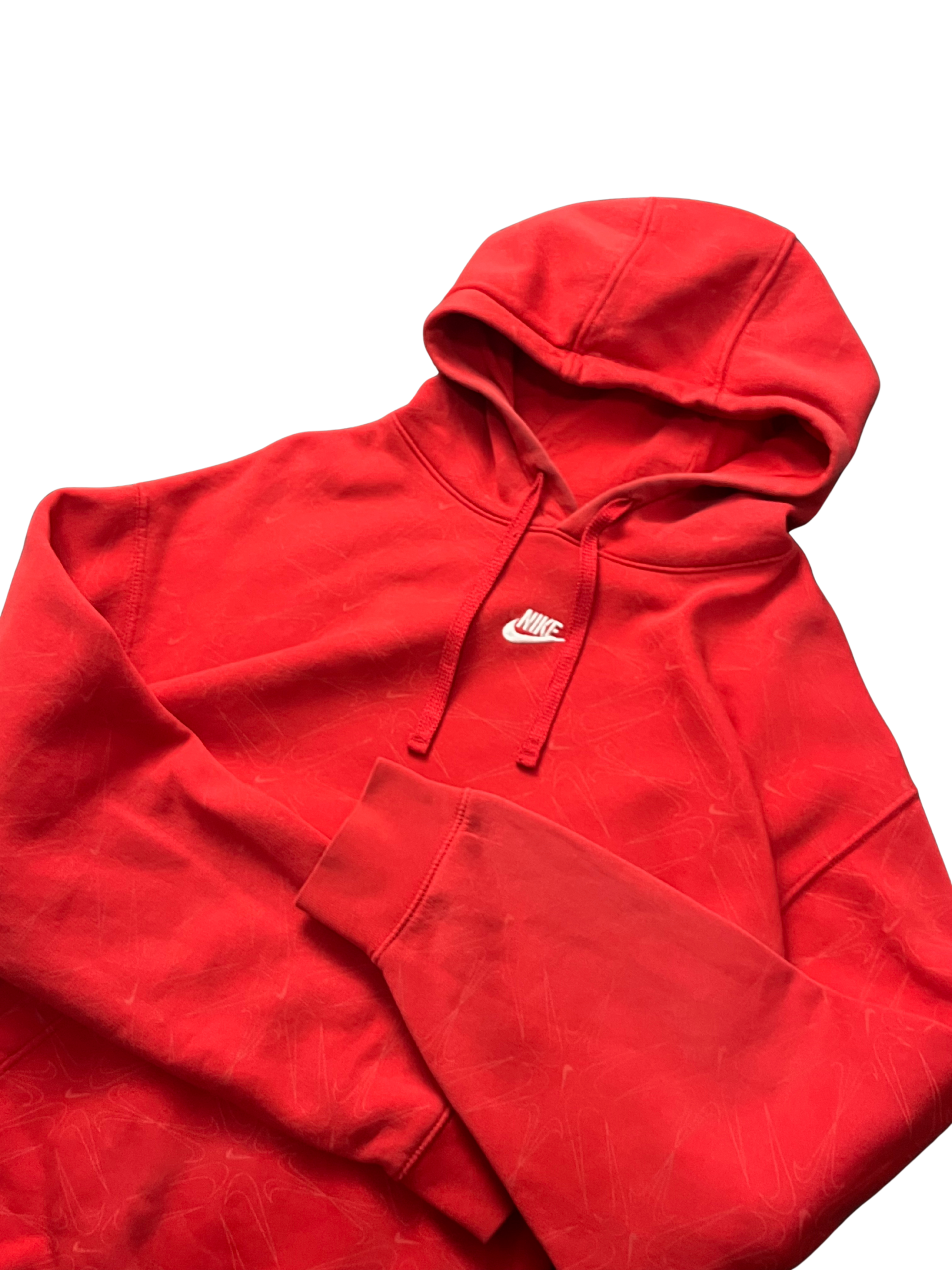 Red nike hoodie with nike all over