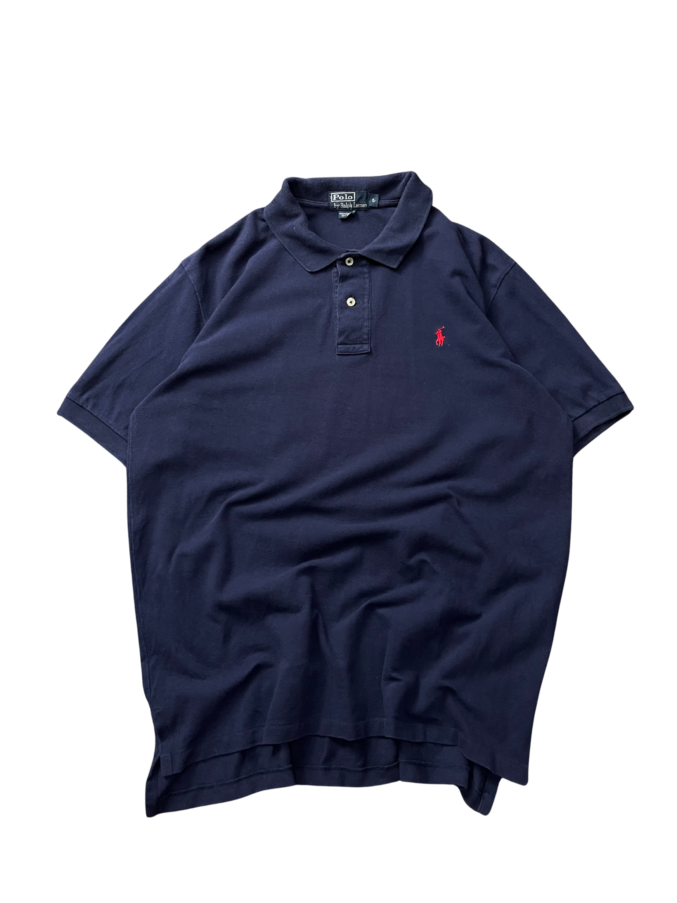 Ralph Lauren Pony Polo Shirt in navy blue cotton mesh with a red embroidered pony