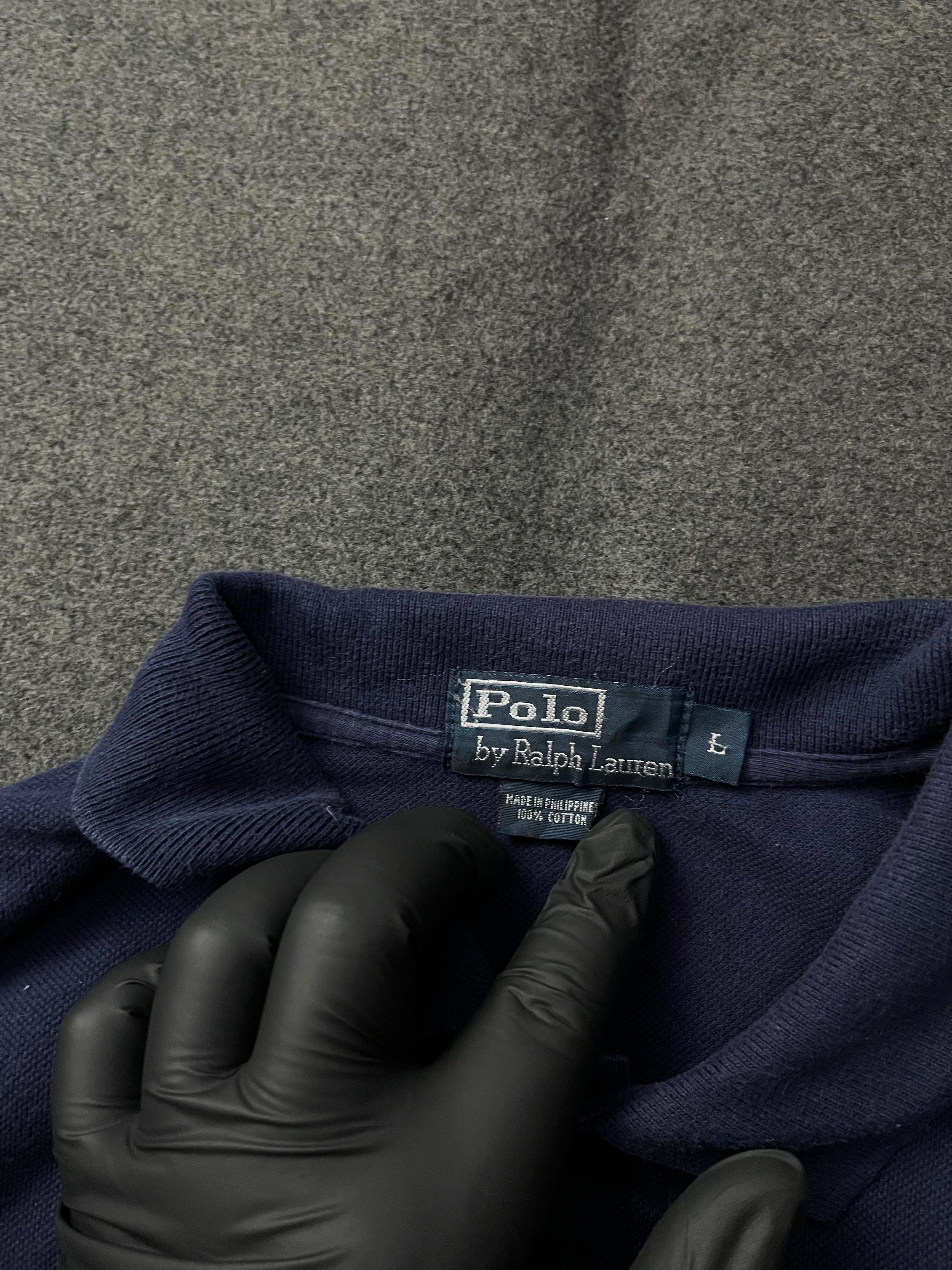 Ralph Lauren Pony Polo Shirt in navy blue cotton mesh with a red embroidered pony