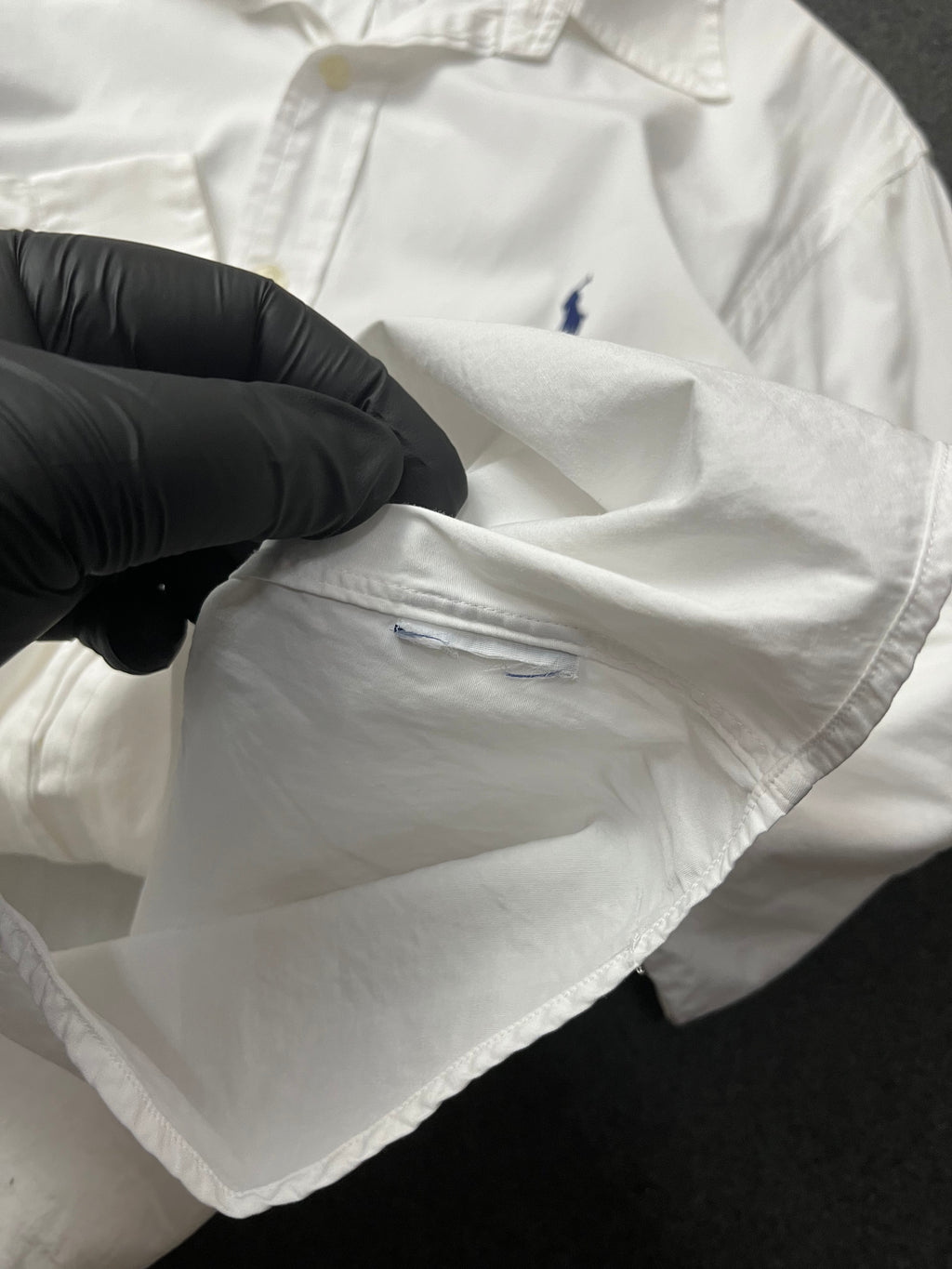 Polo Ralph Lauren long-sleeve button-down shirt in white cotton with a blue embroidered Polo Pony logo