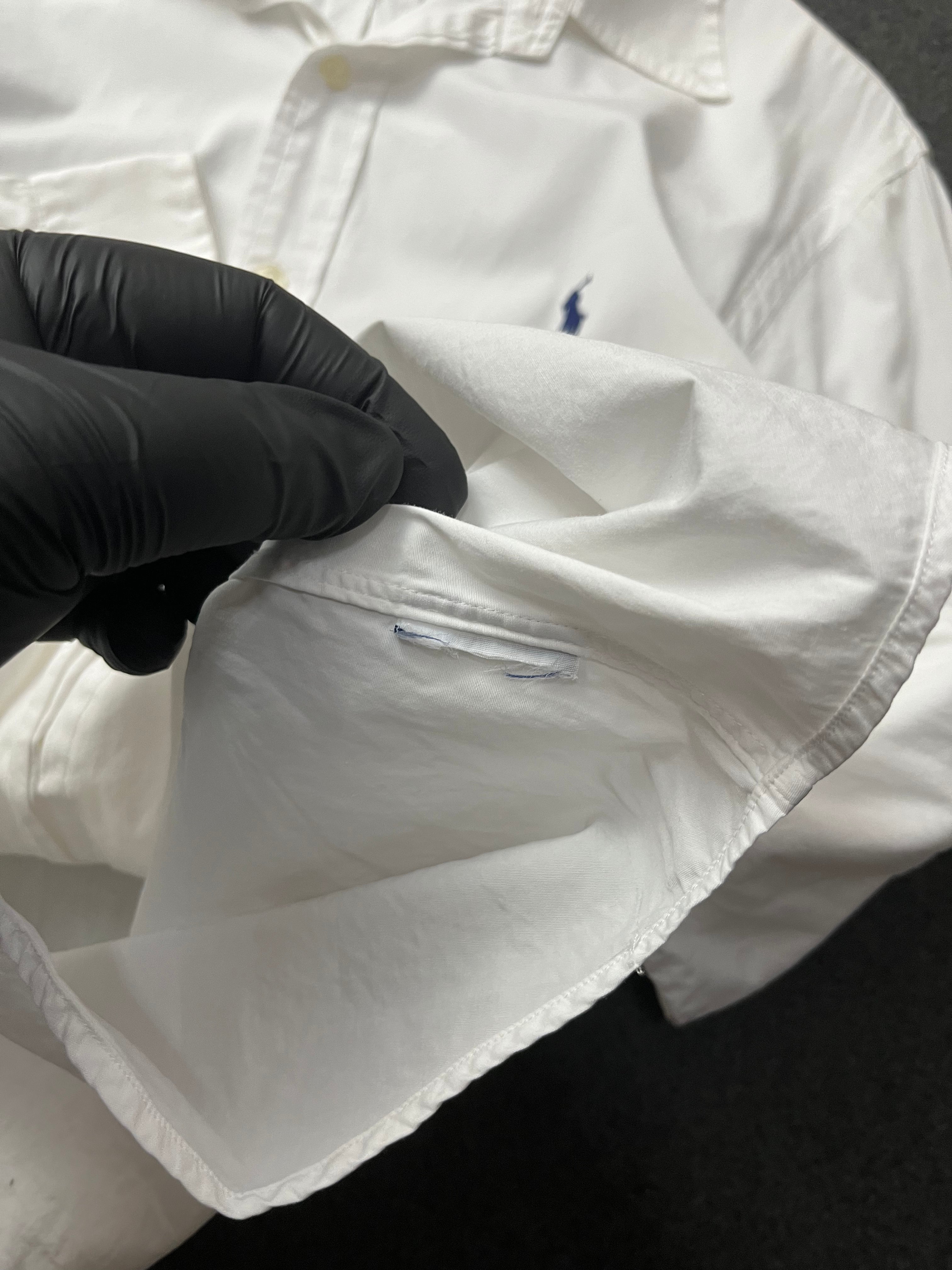 Polo Ralph Lauren long-sleeve button-down shirt in white cotton with a blue embroidered Polo Pony logo