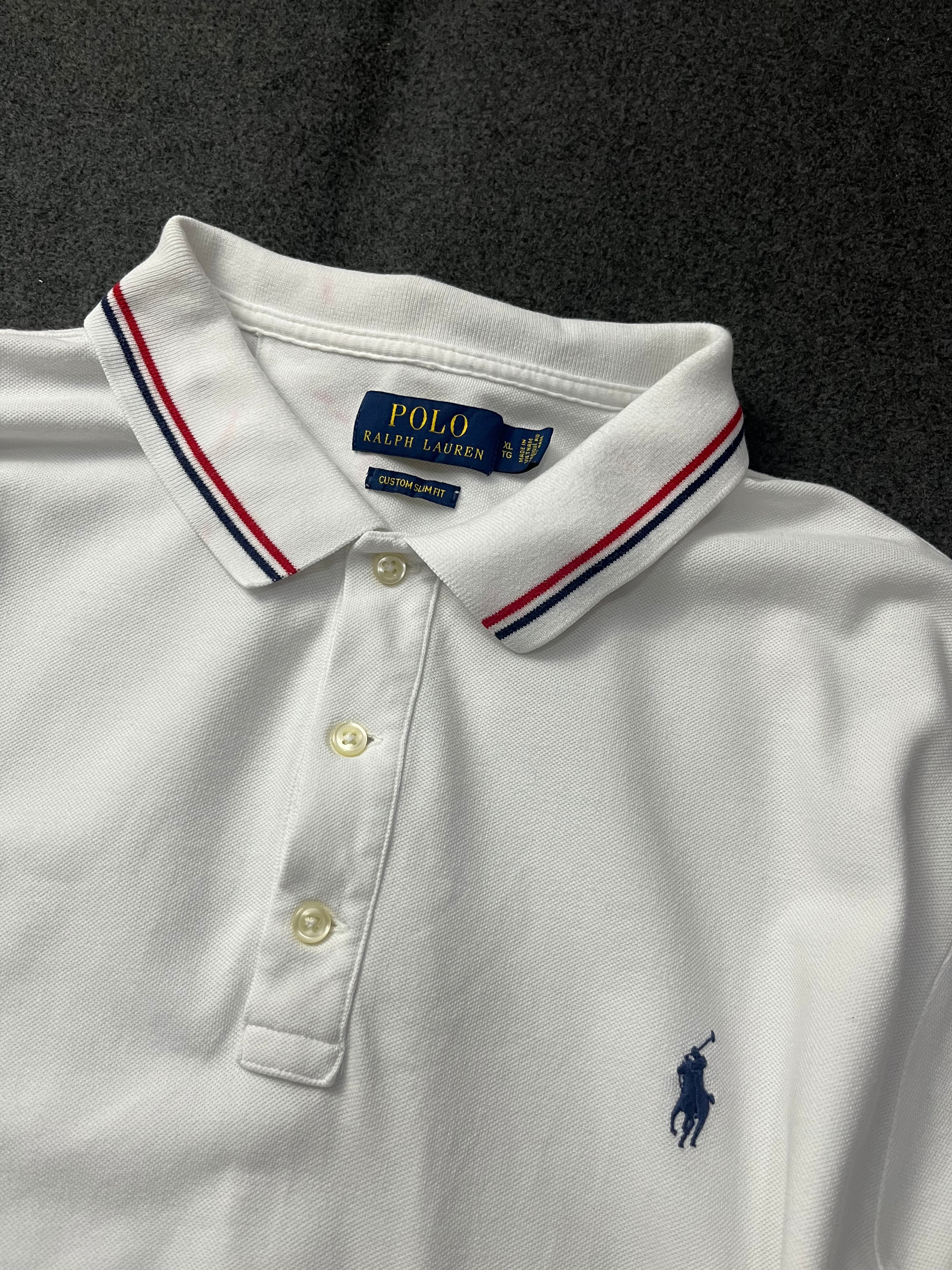 Polo Ralph Lauren classic fit short-sleeved polo shirt with red and navy blue striped tipping on the collar and cuffs