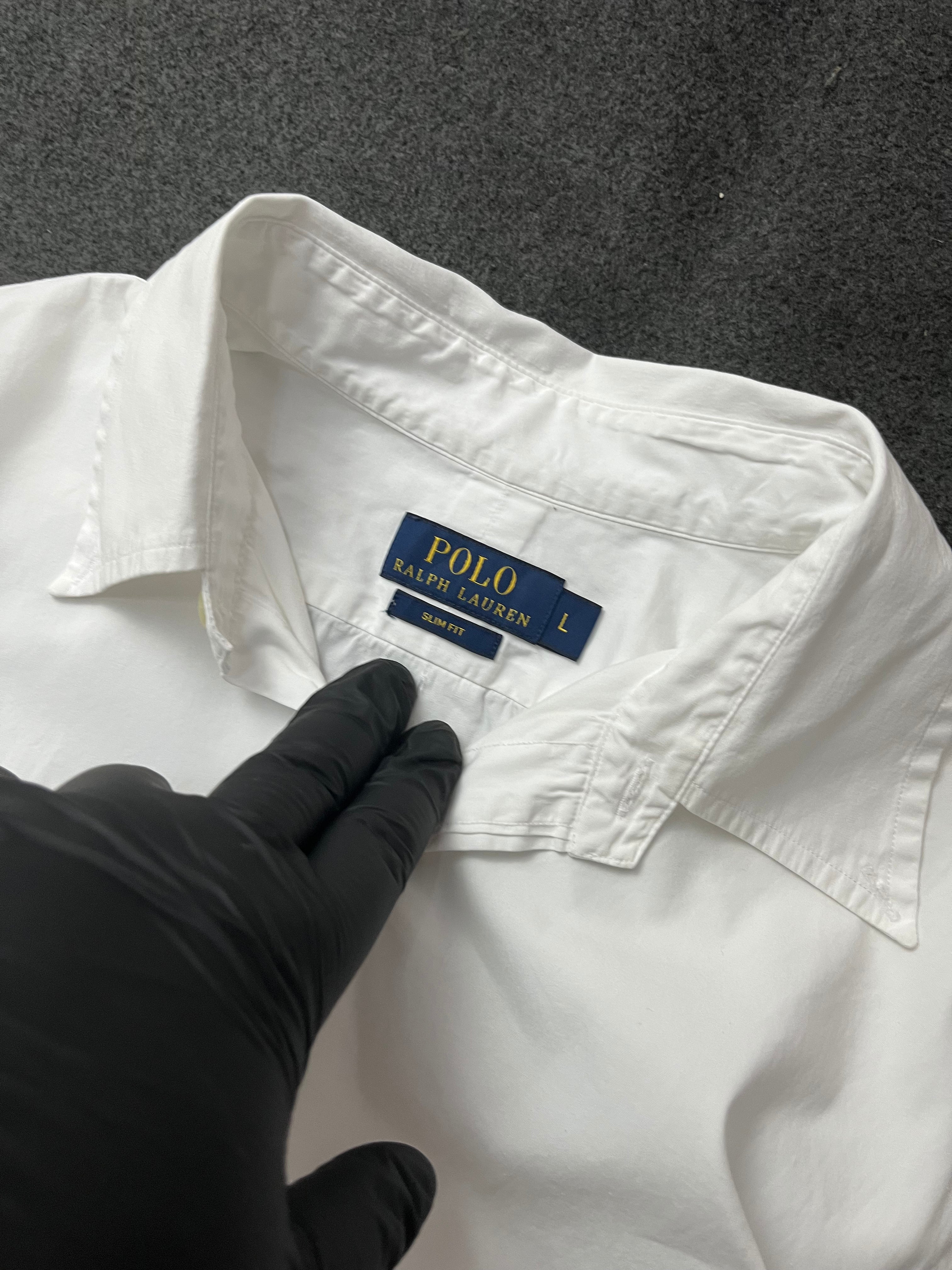 Polo Ralph Lauren long-sleeve button-down shirt in white cotton with a blue embroidered Polo Pony logo