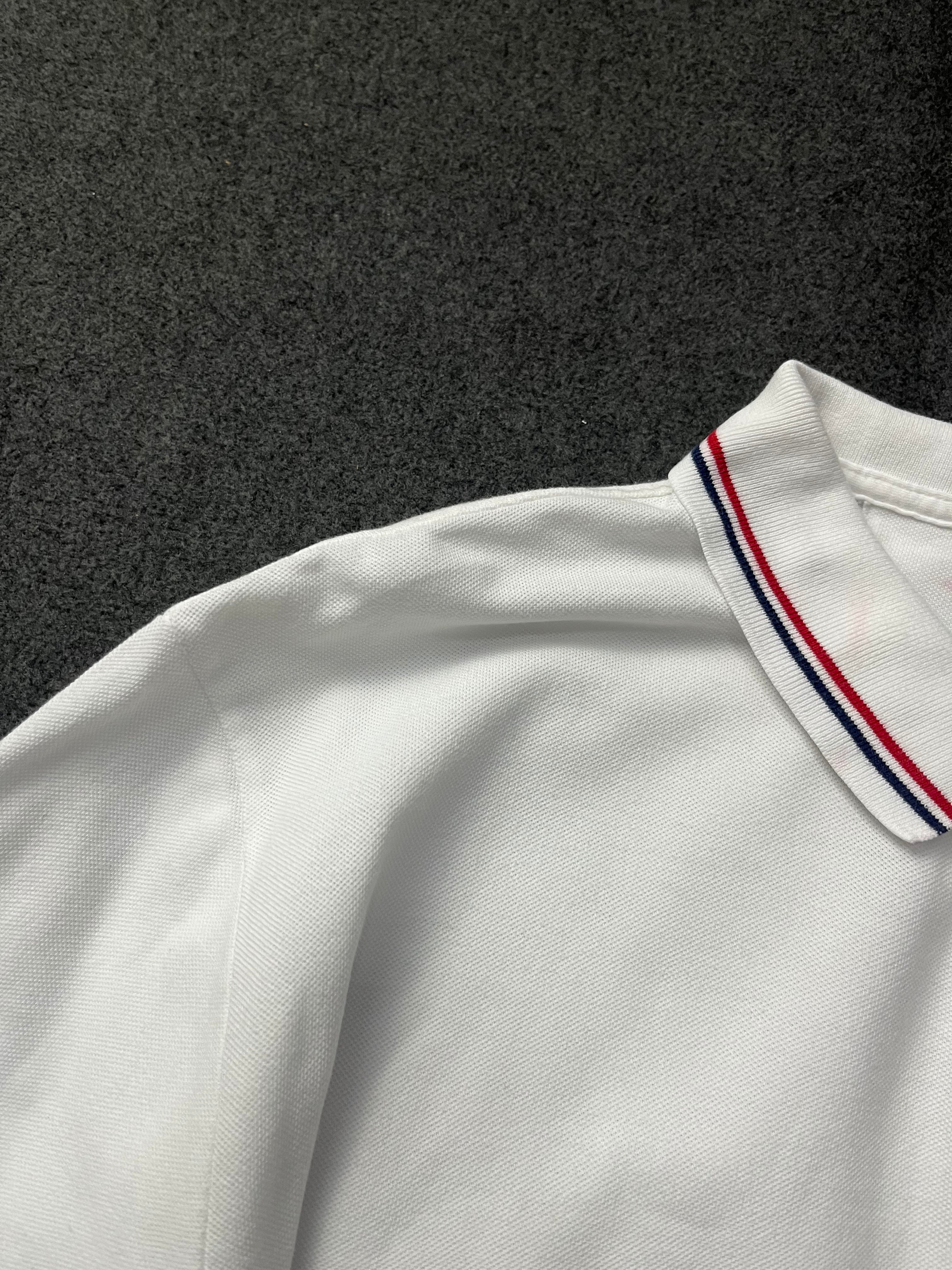 Polo Ralph Lauren classic fit short-sleeved polo shirt with red and navy blue striped tipping on the collar and cuffs