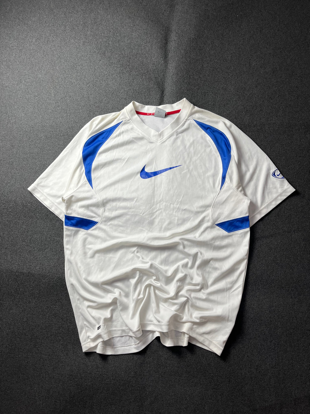 Nike Dri-FIT Game Shirt, White Blue, Big Swoosh
