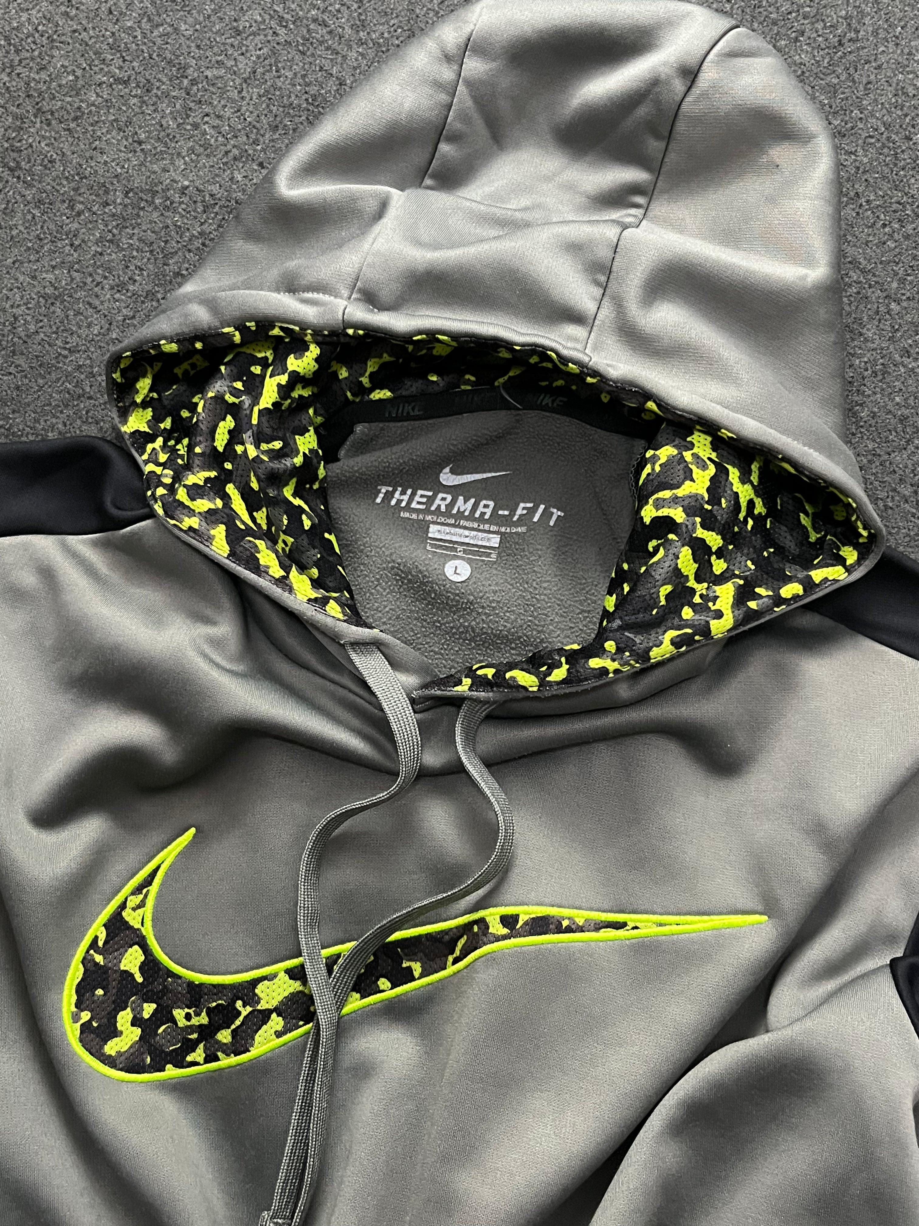 Nike Hoodie Mens Large Gray Black Green Swoosh Logo Pullover Hooded Sweatshirt