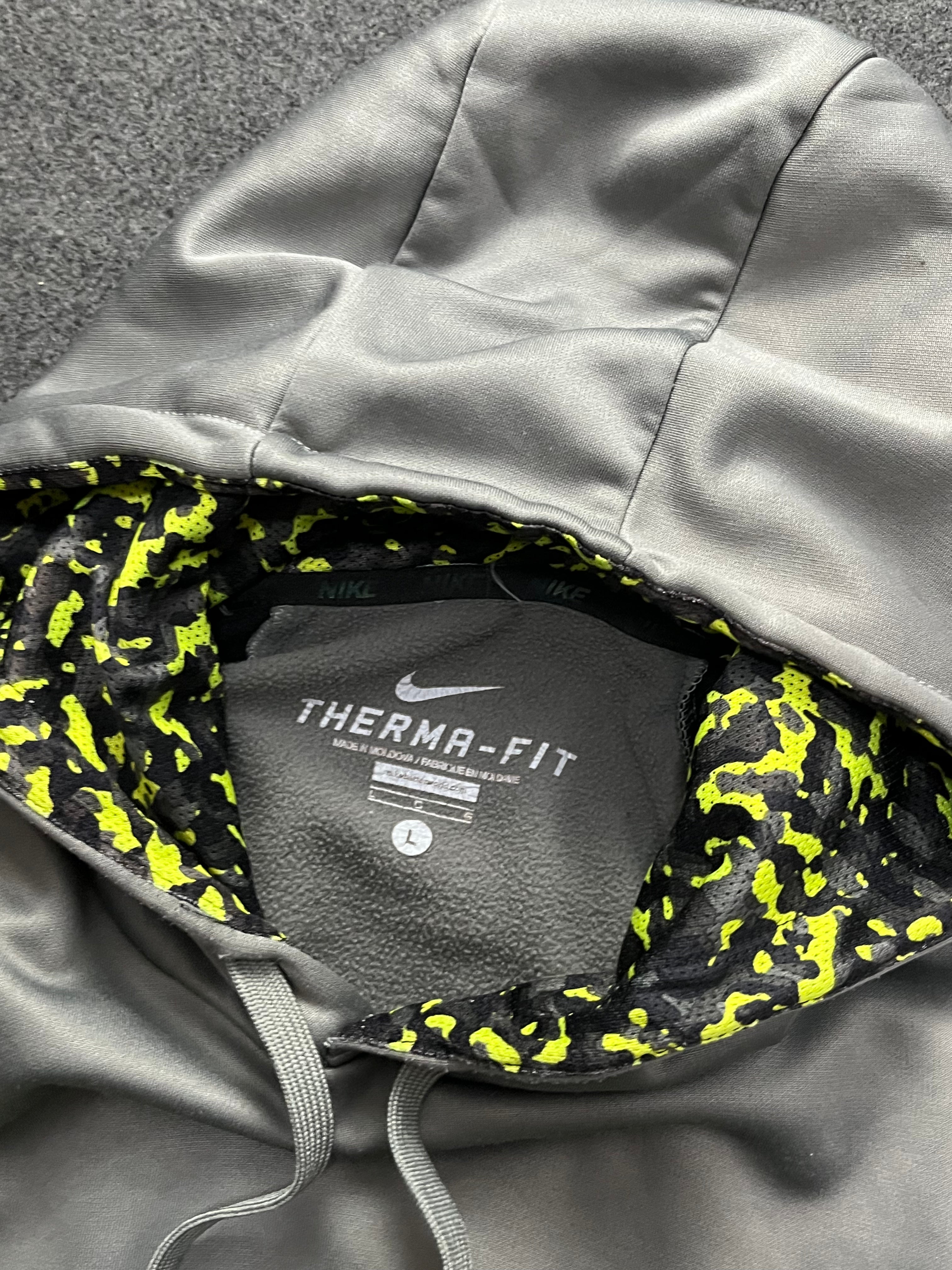 Nike Hoodie Mens Large Gray Black Green Swoosh Logo Pullover Hooded Sweatshirt