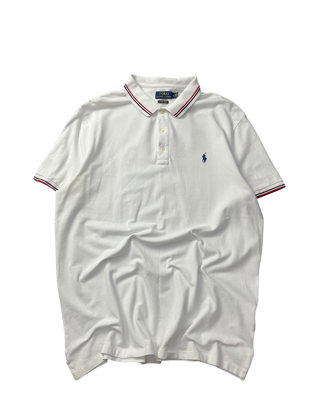 Polo Ralph Lauren classic fit short-sleeved polo shirt with red and navy blue striped tipping on the collar and cuffs