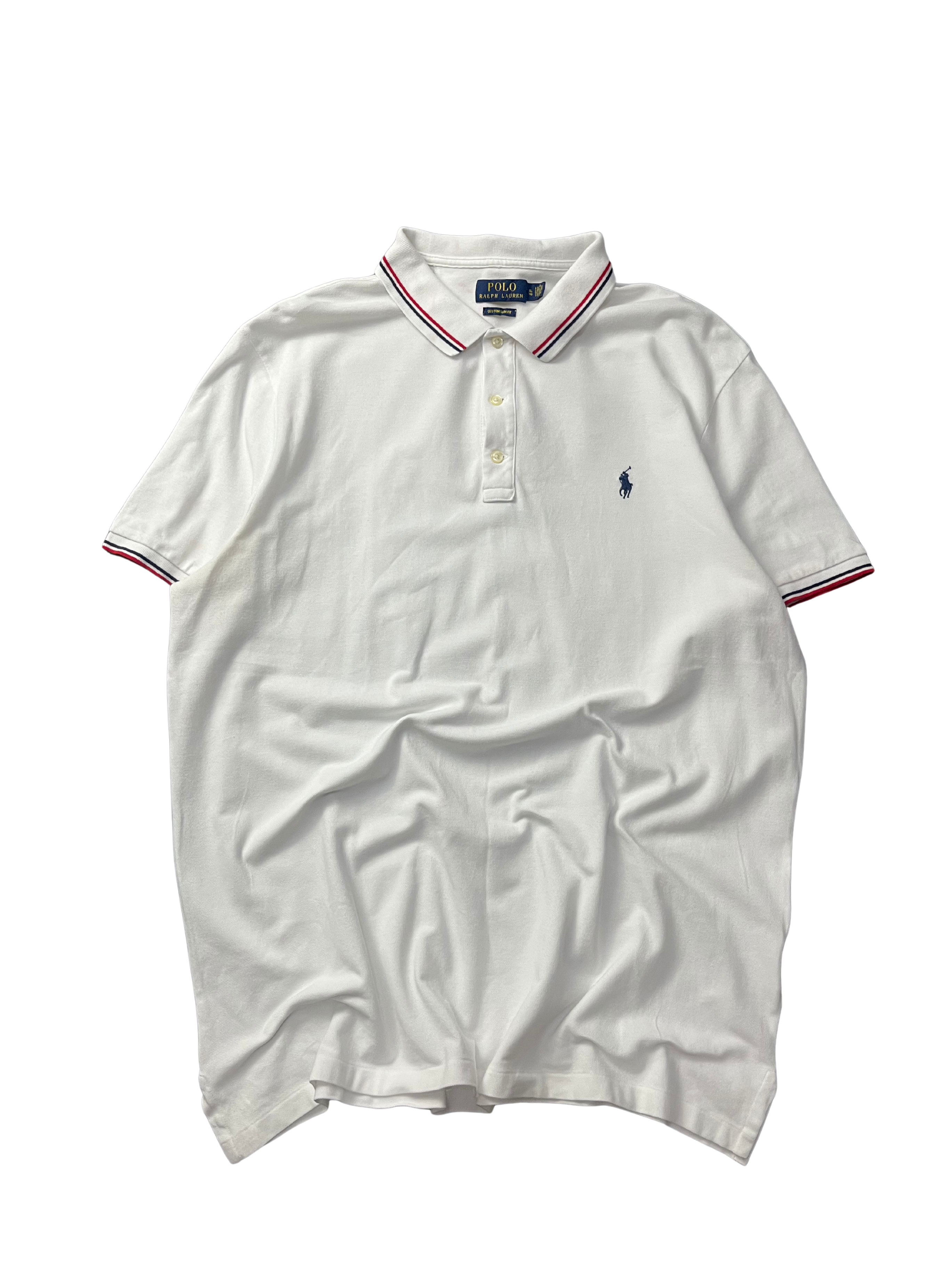Polo Ralph Lauren classic fit short-sleeved polo shirt with red and navy blue striped tipping on the collar and cuffs