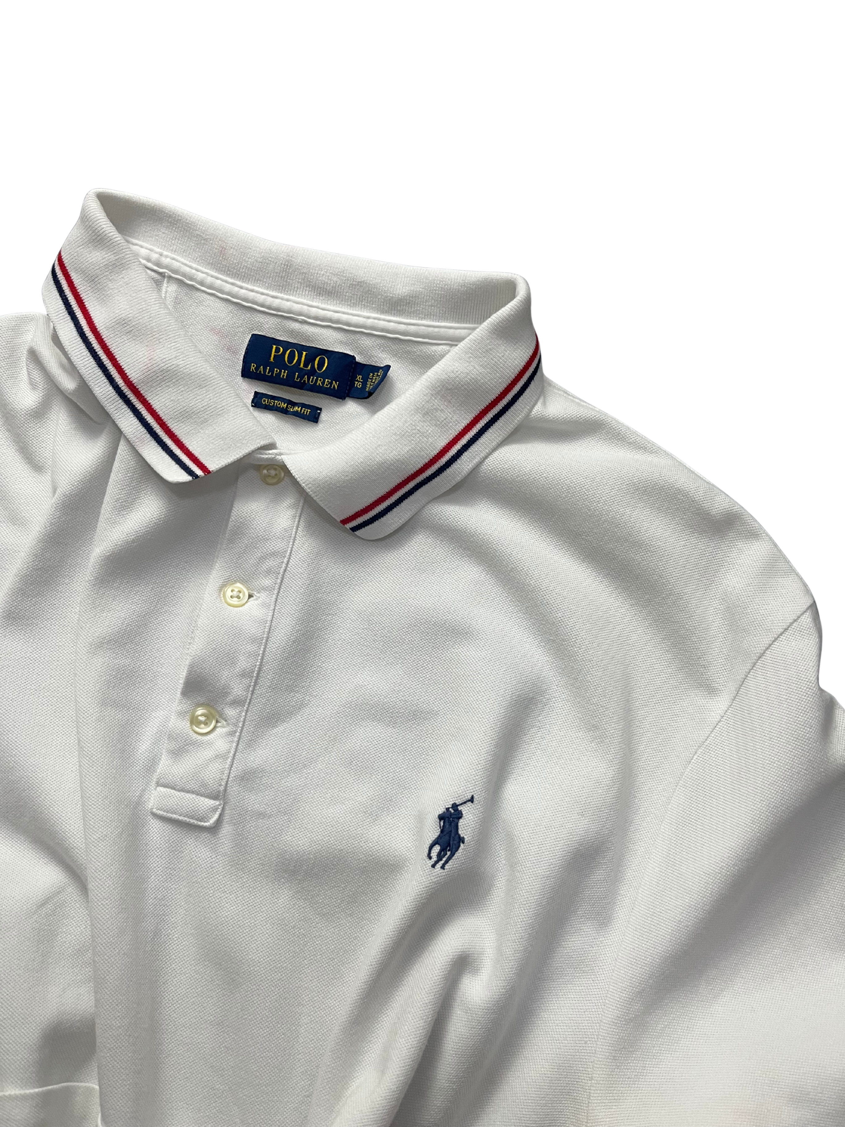 Polo Ralph Lauren classic fit short-sleeved polo shirt with red and navy blue striped tipping on the collar and cuffs