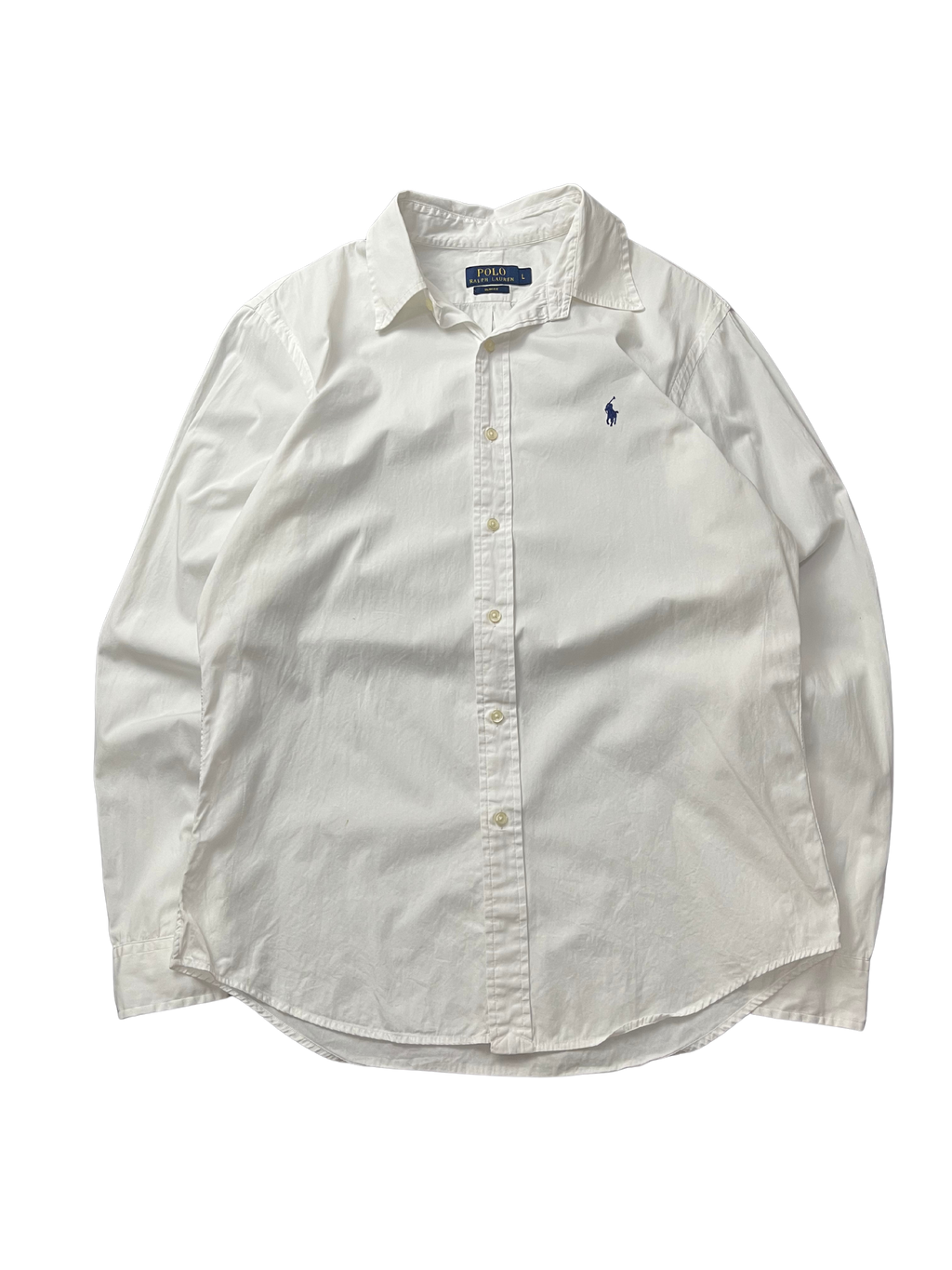 Polo Ralph Lauren long-sleeve button-down shirt in white cotton with a blue embroidered Polo Pony logo