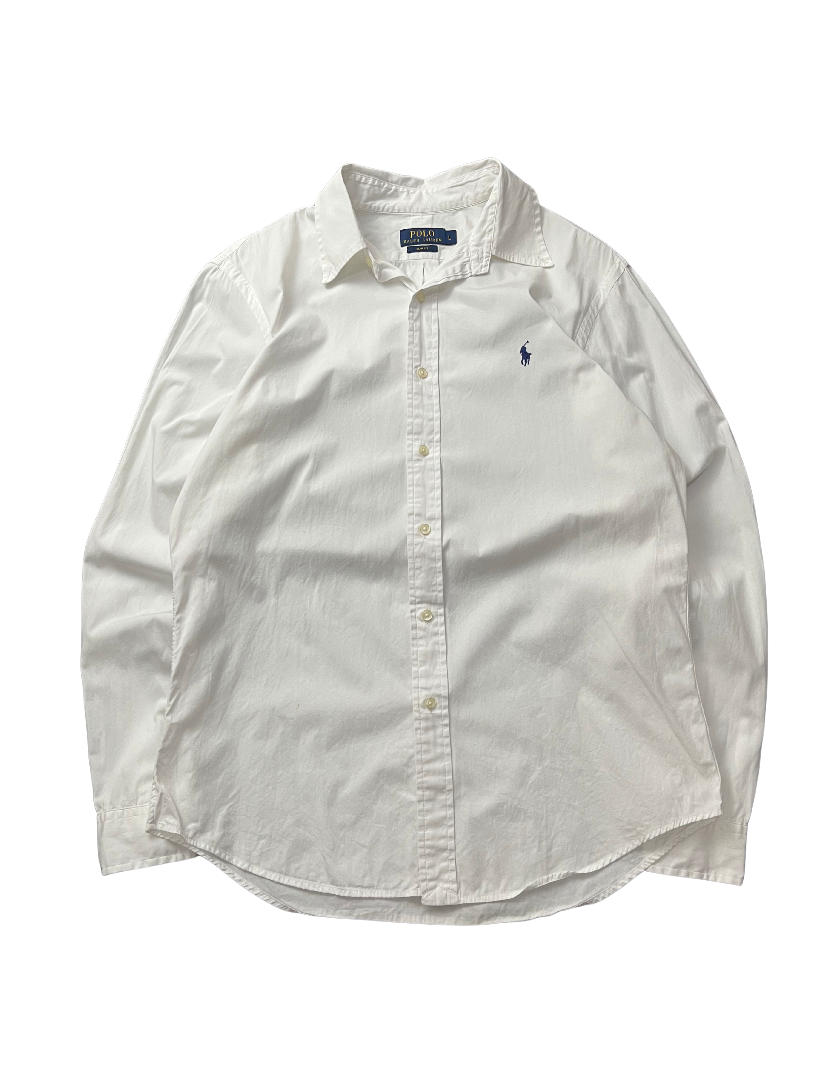 Polo Ralph Lauren long-sleeve button-down shirt in white cotton with a blue embroidered Polo Pony logo