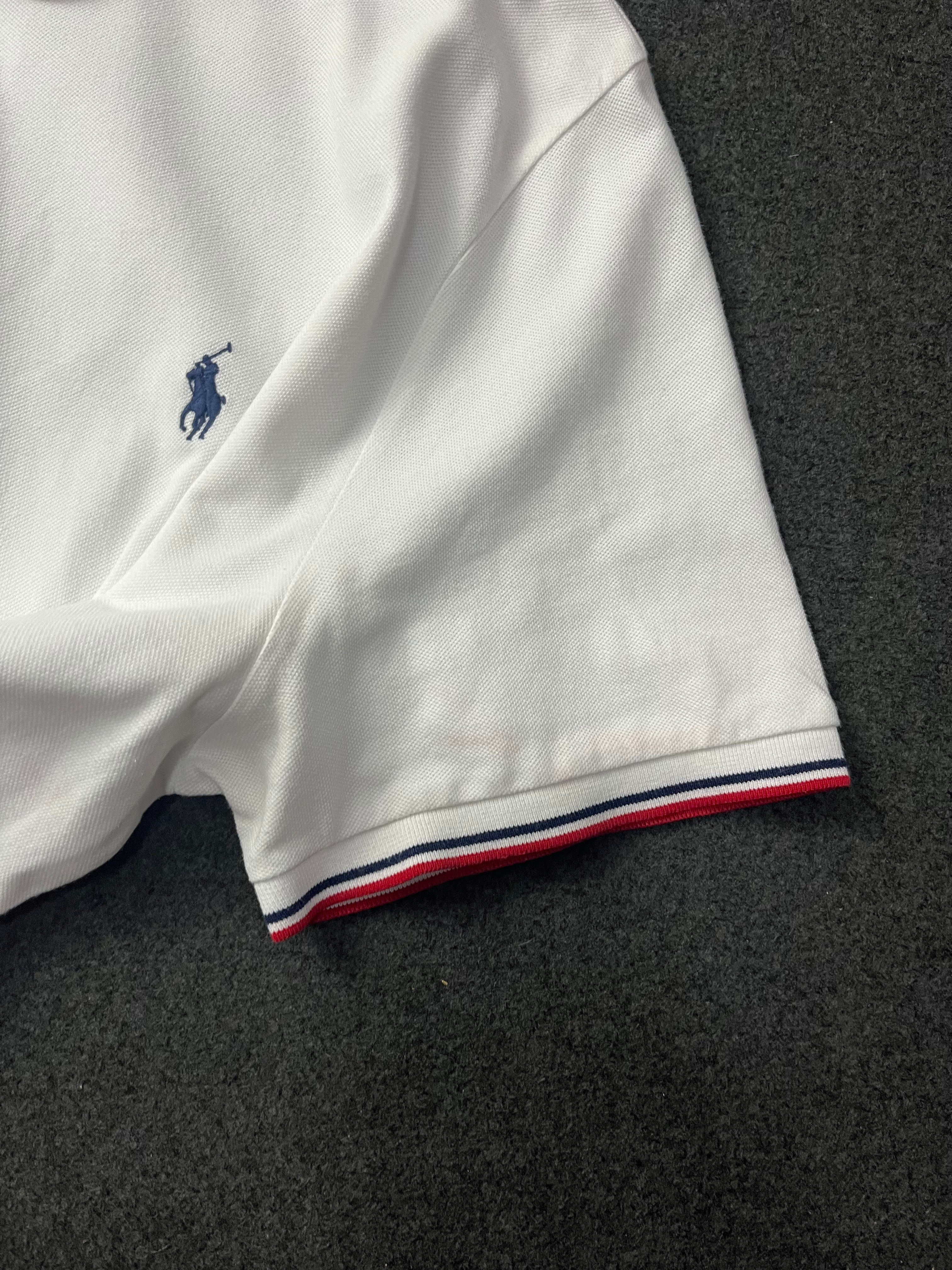 Polo Ralph Lauren classic fit short-sleeved polo shirt with red and navy blue striped tipping on the collar and cuffs